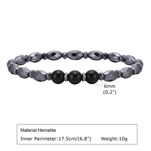 Minimalist hematite beaded bracelet featuring faceted grey stones and black round beads