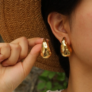 Minimalist 18K gold plated hollow teardrop earrings with irregular hammered texture finish