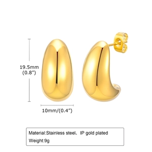 Polished gold IP plated stainless steel teardrop stud earrings with dimensions and weight