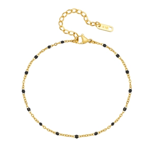 18K gold plated stainless steel anklet featuring black beads and adjustable chain lobster clasp