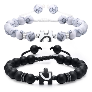 Adjustable couple bracelets with heart puzzle pendants and stone beads in black and white