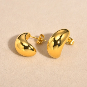 Polished gold stainless steel teardrop stud earrings with minimalist curved design