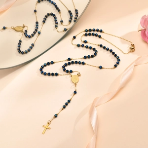 Edelstahl Rosenkranz Halskette Jungfrau Maria Medaille Kreuz Anhänger Gold Vergoldet Künstliche Perlenimitat Religiöser Damen Schmuck