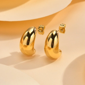 Polished gold semi-circle waterdrop stud earrings in minimalist stainless steel