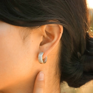 Elegant C-shaped hoop earrings with sparkling pavé cubic zirconia in silver finish