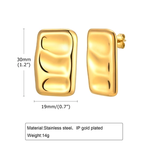 French style square rippled 18K gold plated stainless steel stud earrings for women