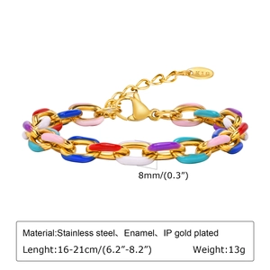Detail of colorful enamel stainless steel Cuban chain link bracelet with K18 gold plating tag