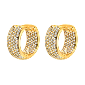 Luxurious gold C-shaped hoop earrings with pave-set zircon stones on white background