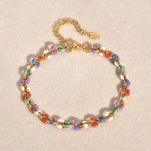 Bracelet de cheville en acier inoxydable plaqué or 18 carats avec maillons en émail coloré
