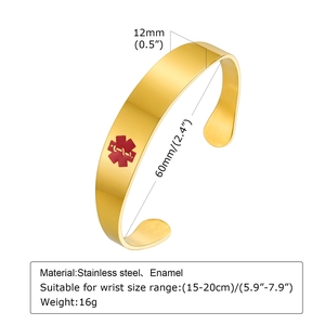 Gold stainless steel medical alert cuff bangle with red enamel Star of Life symbol