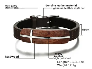 Detail view of brown micro-fiber leather bracelet with rosewood cross and steel clasp