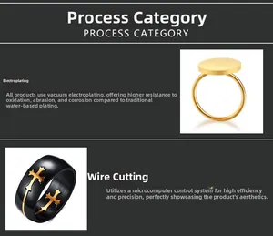 Detail of vacuum-plated gold ring and black cross engraved ring with precision craftsmanship