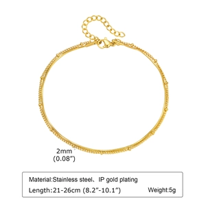 Detailed specs of double-layer stainless steel snake and bead chain anklet in gold plating