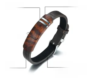 Detail view of men's leather bracelet featuring rosewood inlay and stainless steel buckle