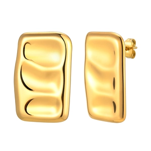 French style 18K gold stainless steel square earrings with irregular wavy texture