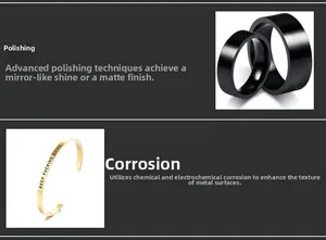 Detail of black polished stainless steel rings and etched gold bracelets on gray background