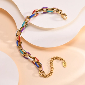 Detail of colorful enamel link bracelet in 18K gold plating with lobster clasp closure