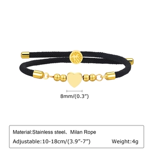 Adjustable black Milan rope bracelet with 8mm golden stainless steel heart charm
