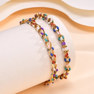 Bracelet de cheville en acier inoxydable doré 18K avec maillons ovales en émail coloré
