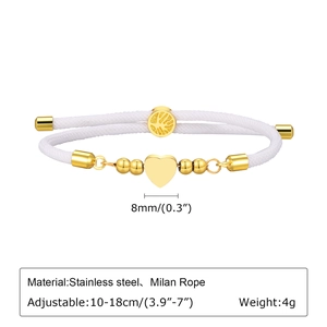 Detailed close-up of adjustable white Milan rope bracelet with golden heart and tree of life