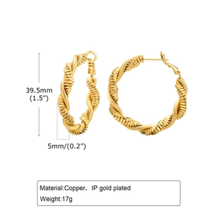 Golden copper twisted rope hoop earrings with 39.5mm diameter and IP gold plating