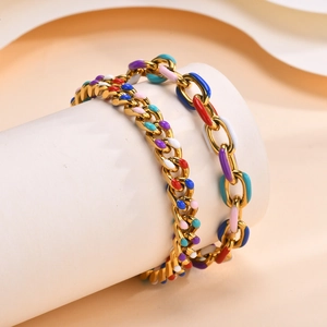 18K Gold Plated Stainless Steel Multicolor Enamel Curb Link Bracelet For Women Adjustable Fashion Jewelry Link Chain
