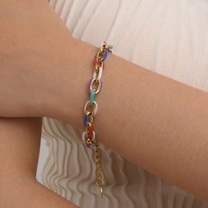 Fashionable 18K gold plated stainless steel Cuban chain bracelet with multi-color enamel