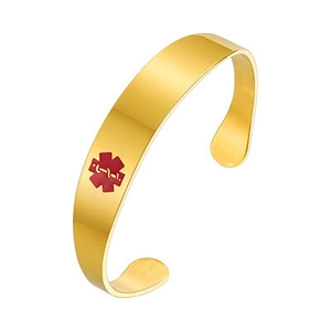 Polished gold medical alert cuff bracelet with red star of life symbol for women