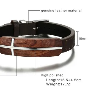 Men's retro leather bracelet with polished wood insert and cross detail on white background