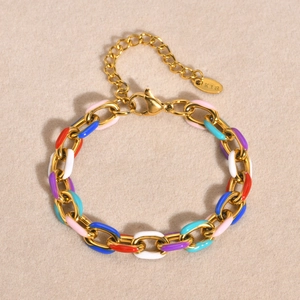 Rainbow enamel cuban link chain bracelet in 18K gold plated stainless steel