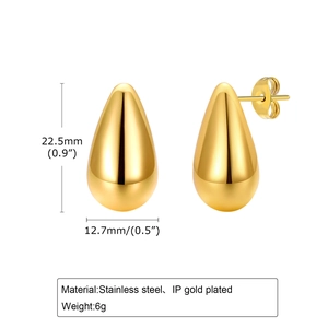 Polished gold stainless steel teardrop stud earrings for women showing size and dimensions