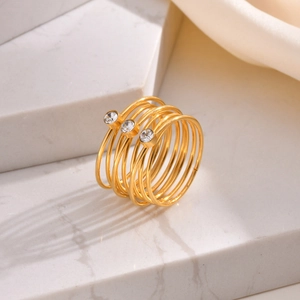 Bague en Acier Inoxydable Spirale Multi-couches avec Strass pour Femme Plaqué Or Minimaliste Bijoux Géométriques Cadeau
