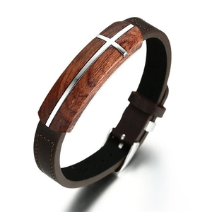 Men's brown leather bracelet with rosewood inlay and silver metal cross charm