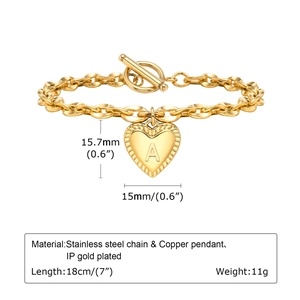 Gold stainless steel OT buckle cable chain bracelet with a heart letter A pendant