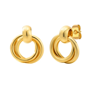 Polished gold double hoop twisted earrings for women featuring interlocking metal rings