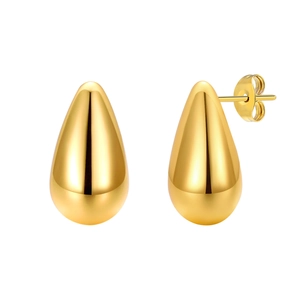 Polished golden stainless steel teardrop earrings for women in a professional studio shot