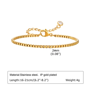 Détails du bracelet chaîne box en acier inoxydable doré 2mm avec mesures de taille