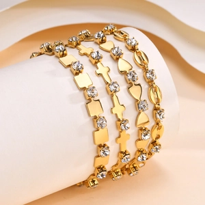 Bracelet en Acier Inoxydable Plaqué Or 18K Zircone Pour Femme Cœur Géométrique Croix Grain de Café Bijoux de Mode