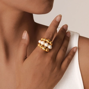 Multi Layer Bead Ring Stainless Steel Faux Artificial Pearl Gold Plated Clustered Wide Band Fashion Jewelry For Women Chic Modern