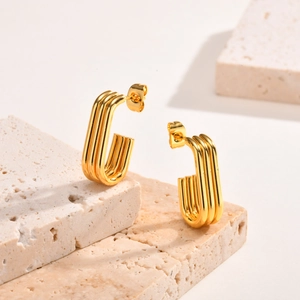 Boucles d'Oreilles Anneaux Minimalistes en Acier Inoxydable à Trois Couches pour Femmes Forme U Plaqué Or Bijoux Géométriques