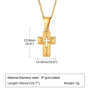 Detail view of IP gold plated stainless steel cross pendant with size measurements