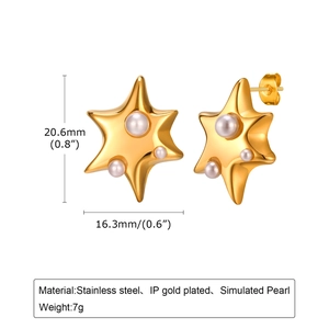 Dimensions détaillées des boucles d'oreilles étoile en acier doré avec perles blanches
