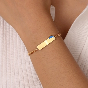 Stainless Steel Gold Plated Blue Dolphin Blank ID Tag Figaro Chain Bracelet For Women Minimalist Fashion Jewelry Elegant Wristband