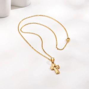 Gold stainless steel virgin mary medallion necklace with embossed cross pendant on O-chain