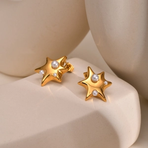 Boucles D'oreilles Étoiles Acier Inoxydable Plaqué Or Avec Imitation Künstliche Perle Bijoux Géométriques Élégants Pour Femmes