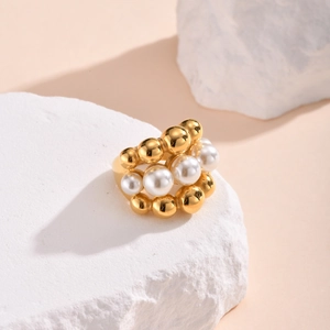 Elegant multi-layer gold stainless steel beaded ring featuring white faux pearls
