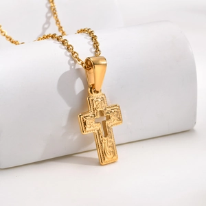Baroque Carved Stainless Steel Cross Pendant Necklace For Men Women Gold Plated Hollow Religious Hip Hop Fashion Jewelry