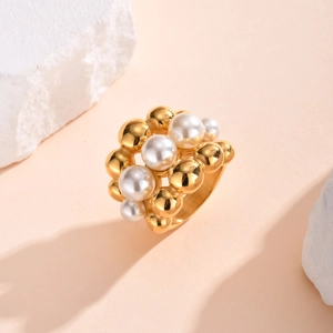 Gold layered stainless steel ring featuring imitation pearls and round metallic beads