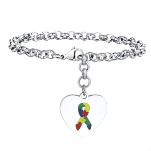 Bracciale a cuore in acciaio inossidabile argento con ciondolo a puzzle per l'autismo