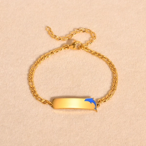 Gold-plated stainless steel NK chain bracelet with blue dolphin ID plate and lobster clasp
